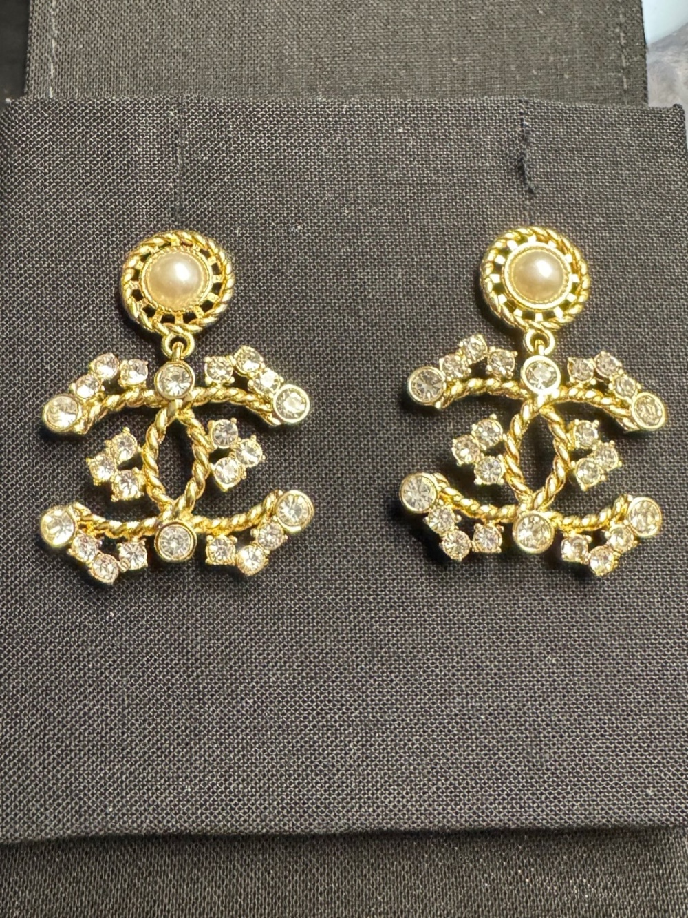 Limited Edition Chanel Classic CC Crystal Logo Tree & Pearl Drop Gold Earrings